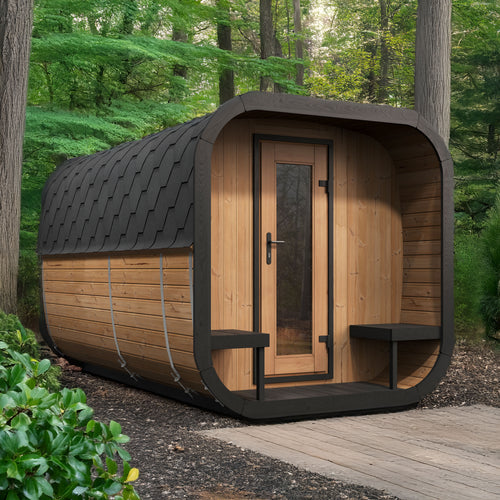 SaunaLife CL12GCP natural-wood sauna suite beside woodland.