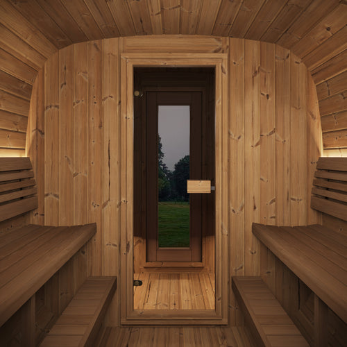 SaunaLife CL12GCPB sauna suite interior showing benches and doorway between rooms.