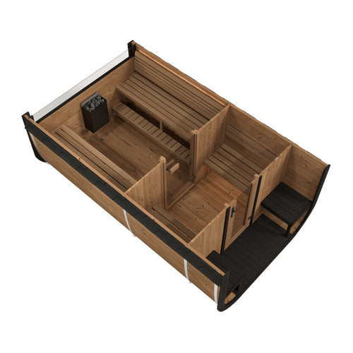 SaunaLife CL12GCP sauna suite overhead cutaway showing separate rooms and porch.