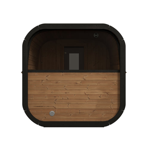 SaunaLife CL12GCP natural-wood sauna suite, rear view with broad window.