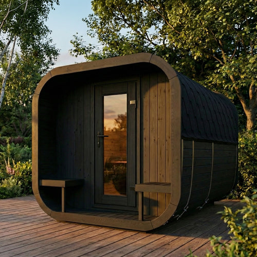 SaunaLife CL12GCPB sauna suite with porch benches on a garden deck at sunset.