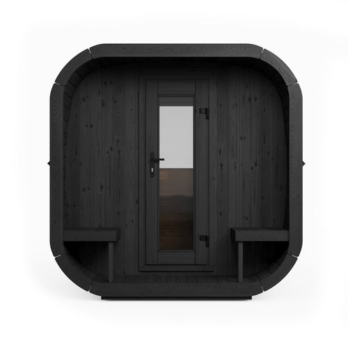 SaunaLife CL12GCPB black sauna suite, front view of glass door and porch benches.
