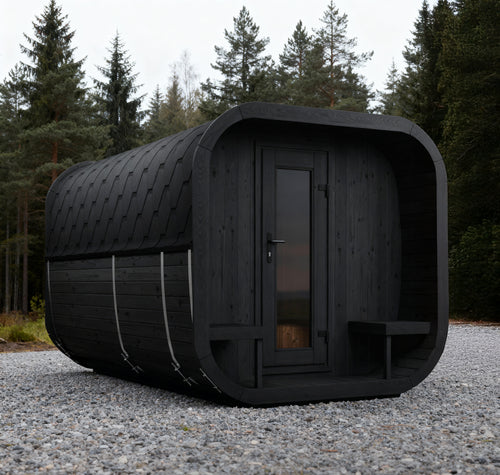 SaunaLife CL12GCPB black sauna suite beside a forest clearing.