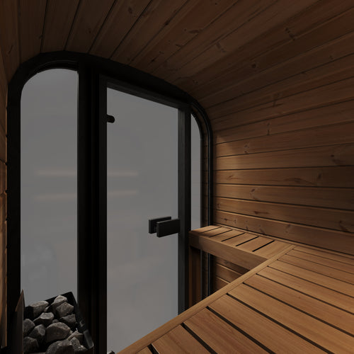 SaunaLife CL3G compact cube sauna interior showing glass doorway and wood benches.