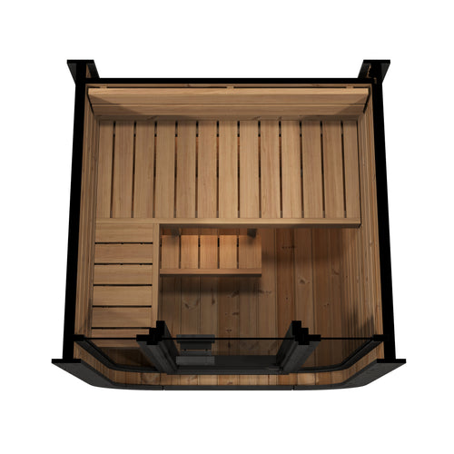SaunaLife Cube sauna overhead cutaway showing the bench and heater layout