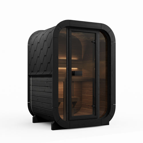 SaunaLife CL3GB black compact cube sauna with glass front, front-left exterior view.