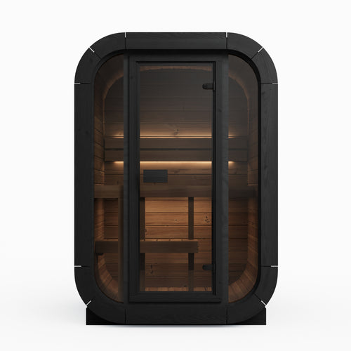 SaunaLife CL3GB black compact cube sauna, straight-on glass-front view.