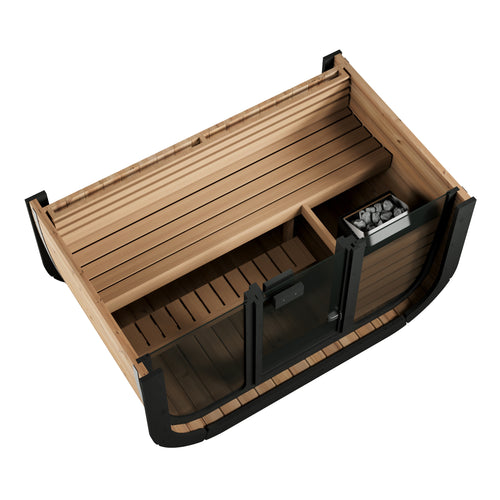 SaunaLife CL4GB cube sauna overhead cutaway showing bench, step and heater.