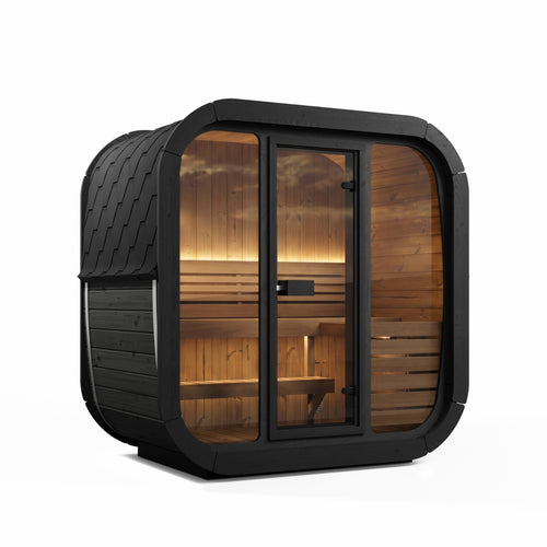 SaunaLife CL4GB black cube sauna with warm interior lighting, front-left view.