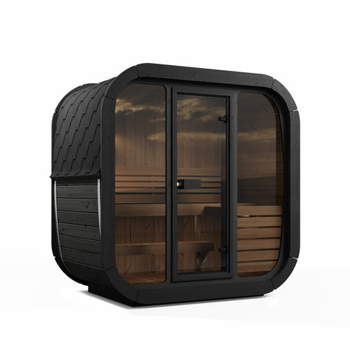 SaunaLife CL4GB black cube sauna with glass front, front-left exterior view.