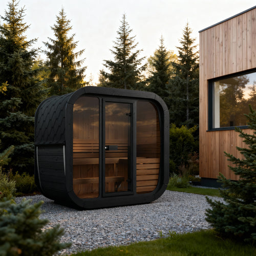 SaunaLife CL4GB black cube sauna beside a wood-clad house among evergreens.