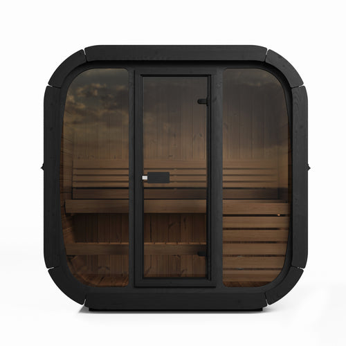 SaunaLife CL4GB black cube sauna, straight-on glass-front view.