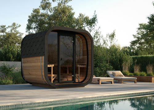 SaunaLife CL7G natural-wood cube sauna on a poolside patio.