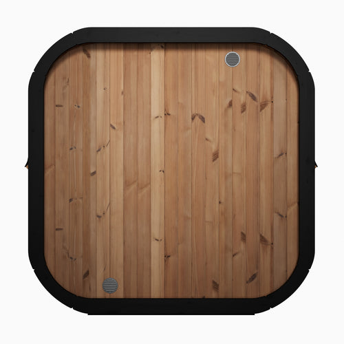 SaunaLife CL7G natural-wood cube sauna, rear view with solid wood wall.