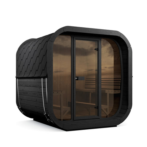 SaunaLife CL7GB black cube sauna with glass front, front-left exterior view.