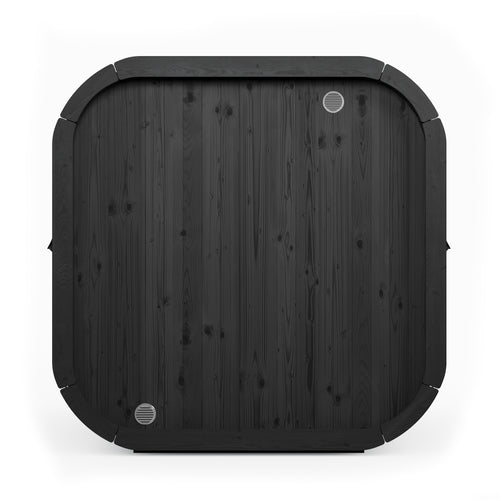 SaunaLife CL7GB black cube sauna, rear view of wood wall and ventilation grilles.