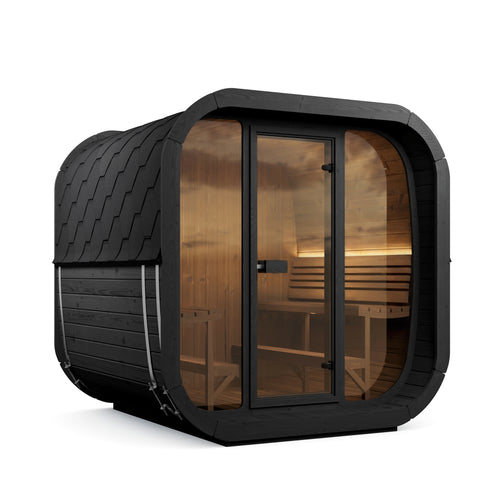 SaunaLife CL7GB black cube sauna with warm interior lighting, front-left view.