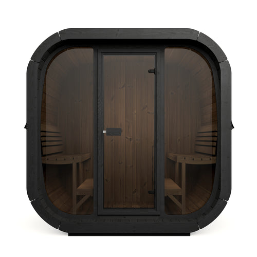 SaunaLife CL7GB black cube sauna, straight-on glass-front view.