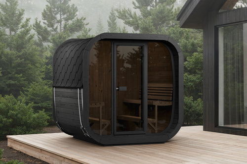 SaunaLife CL7GB black cube sauna on a deck beside a modern house.