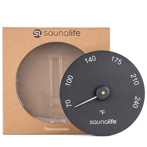 SaunaLife Designer Thermometer - black Fahrenheit thermometer with packaging