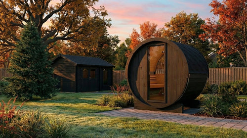 SaunaLife E6WB black barrel sauna in an autumn garden.