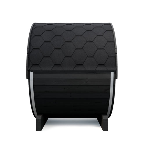 SaunaLife E6WB black barrel sauna, side view of wood siding and black shingle roof.