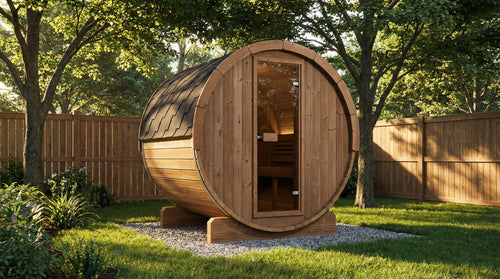 SaunaLife E7 natural-wood barrel sauna on a garden lawn.