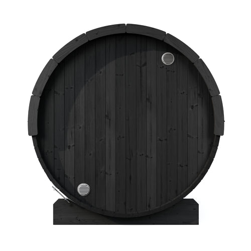 SaunaLife E7B black barrel sauna, rear view with solid wood wall and ventilation grilles.
