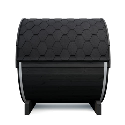 SaunaLife E7B black barrel sauna, side view of wood siding and black shingle roof.