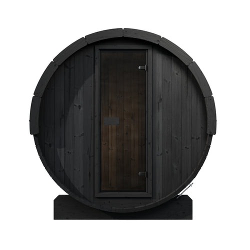 SaunaLife E7B black barrel sauna with glass entrance door, straight-on front view.