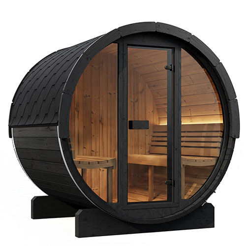 SaunaLife E7GB black barrel sauna with warm interior lighting, front-left view.