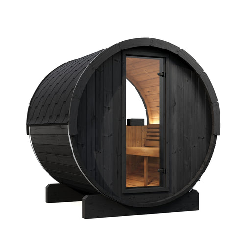 SaunaLife E7WB black barrel sauna with warm interior lighting, front-left view.