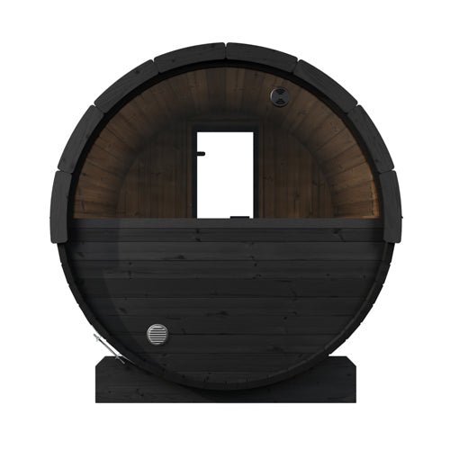 SaunaLife E7WB black barrel sauna, rear view with semicircular window.