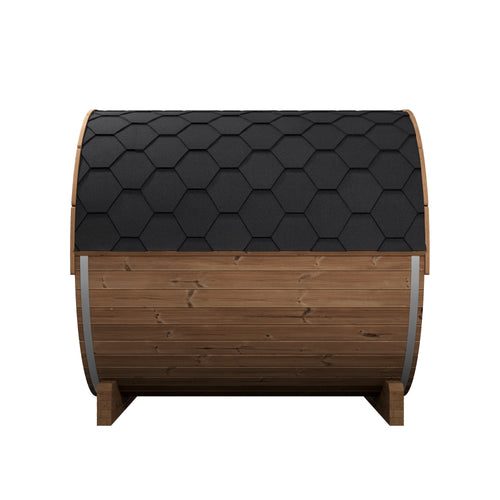 SaunaLife E8 natural-wood barrel sauna, side view of wood siding and black shingle roof.
