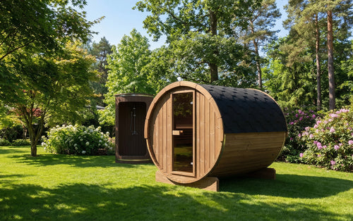 SaunaLife E8 natural-wood barrel sauna in a planted garden.