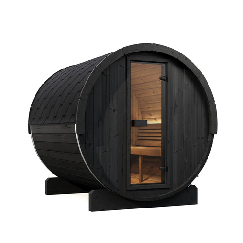 SaunaLife E8B black barrel sauna with warm interior lighting, front-left view.
