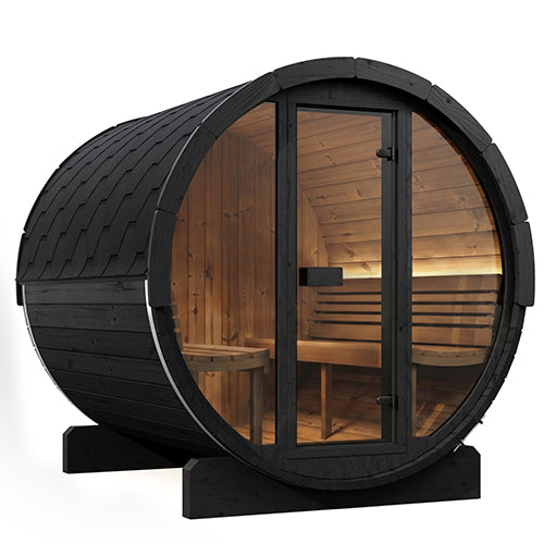 SaunaLife E8GB black barrel sauna with warm interior lighting, front-left view.