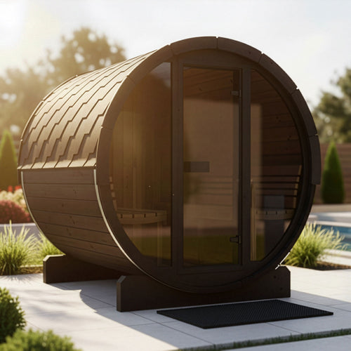 SaunaLife E8GB black barrel sauna on a paved patio in warm sunlight.
