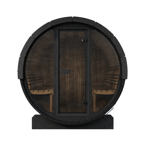 SaunaLife E8GB black barrel sauna with full glass front, straight-on front view.
