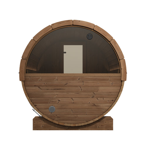 SaunaLife E8W natural-wood barrel sauna, rear view with semicircular window.