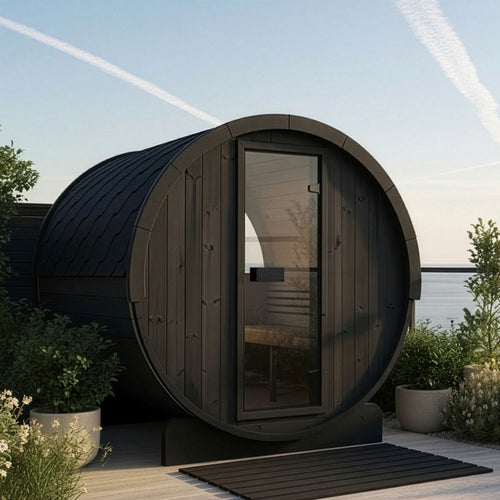 SaunaLife E8WB black barrel sauna on a patio with water views.