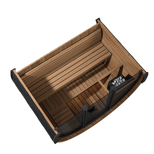 SaunaLife EE6GB barrel sauna overhead cutaway showing stepped bench and heater.