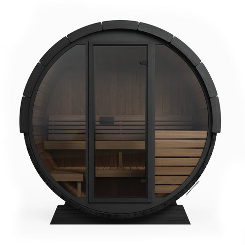 SaunaLife EE6GB black barrel sauna, straight-on glass-front view.