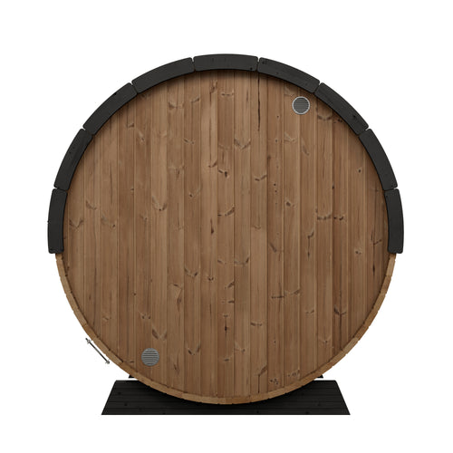SaunaLife EE8G natural-wood barrel sauna, rear view with ventilation grilles.
