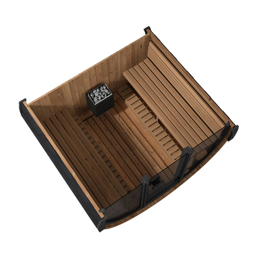 SaunaLife EE8G barrel sauna overhead cutaway showing facing benches and heater.