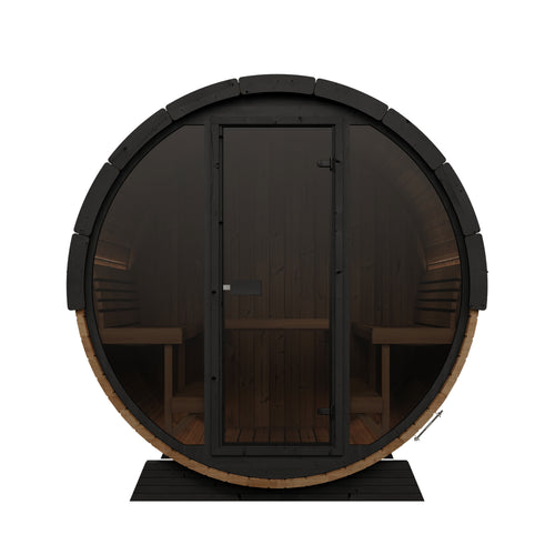 SaunaLife EE8G natural-wood barrel sauna with glass front, straight-on front view.
