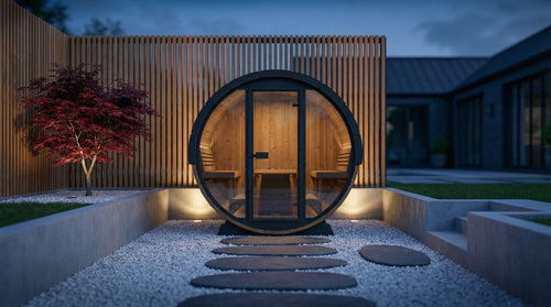 SaunaLife EE8G barrel sauna in a courtyard at dusk.