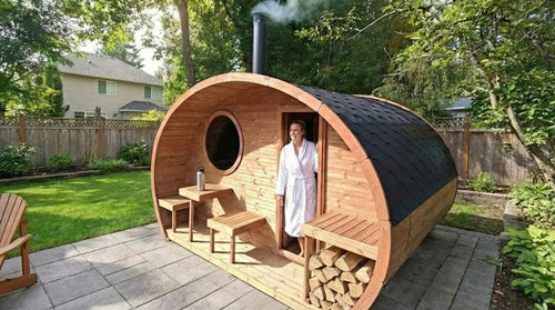 SaunaLife G11 natural-wood oval sauna suite on a patio with bather at open door.