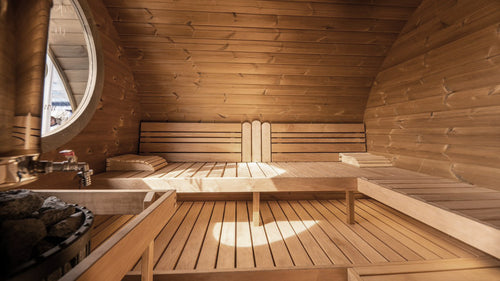 SaunaLife G11 sauna room interior showing facing wood benches.