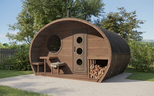 SaunaLife G11 natural-wood oval sauna suite on a garden patio.